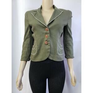 Bebe Burnt Olive Linen Blend 3/4 Sleeve Sz 6 Women's Cropped Blazer Jacket #C